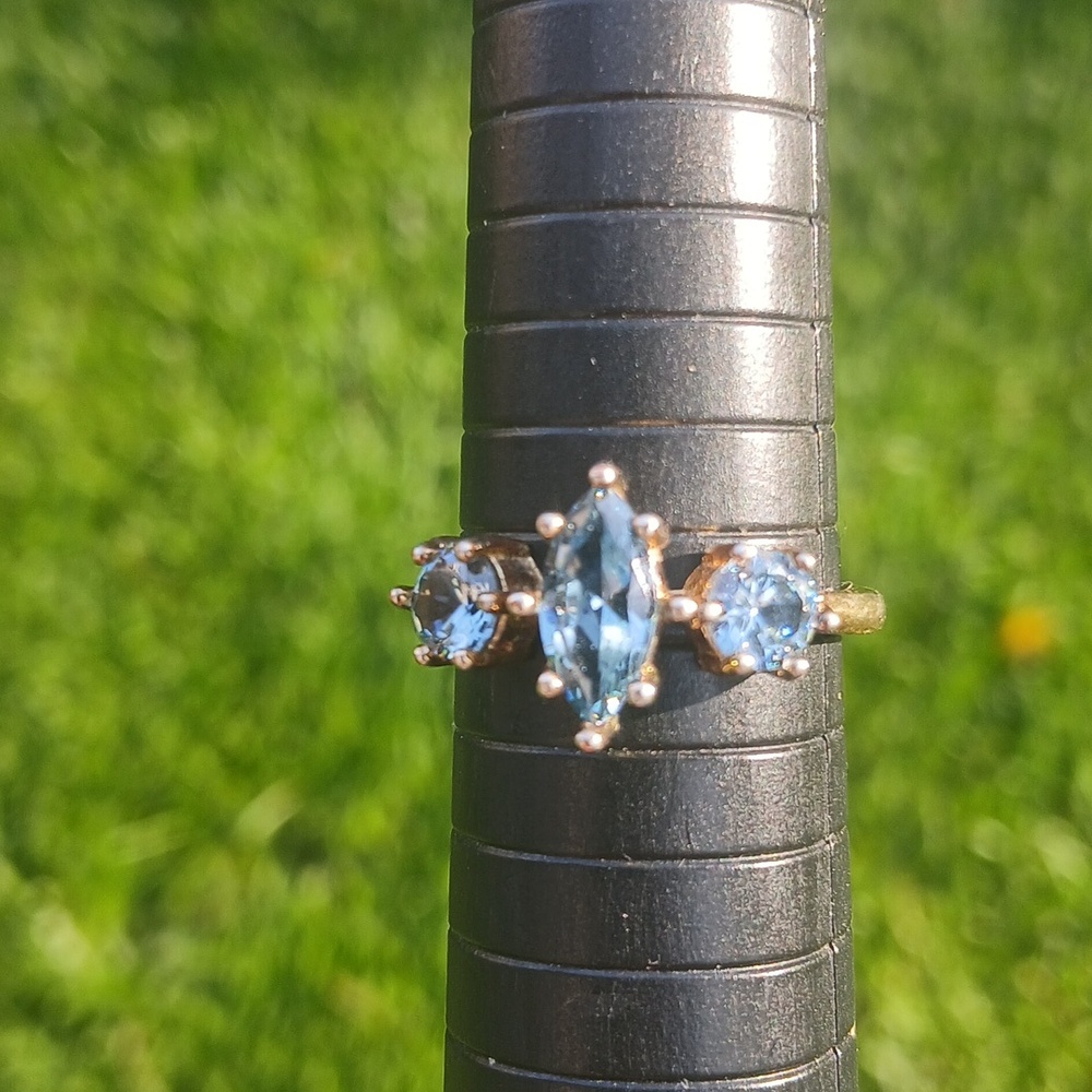 Sterling Aquamarine Triple Stone Vintage Ring Gold Plate 7.5